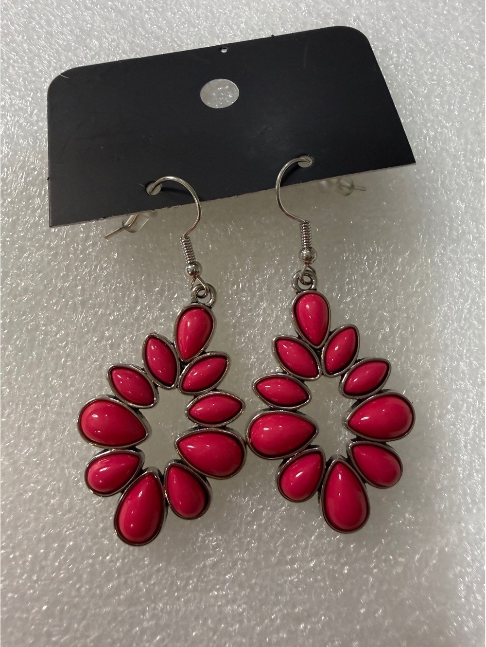Hot Pink Teardrop Statement Dangle Earrings Silver Tone Floral Petal